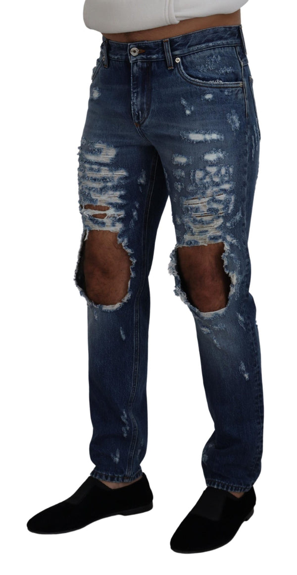 Dolce &amp; Gabbana Blue Cotton Tattered Miesten Denim Farkut