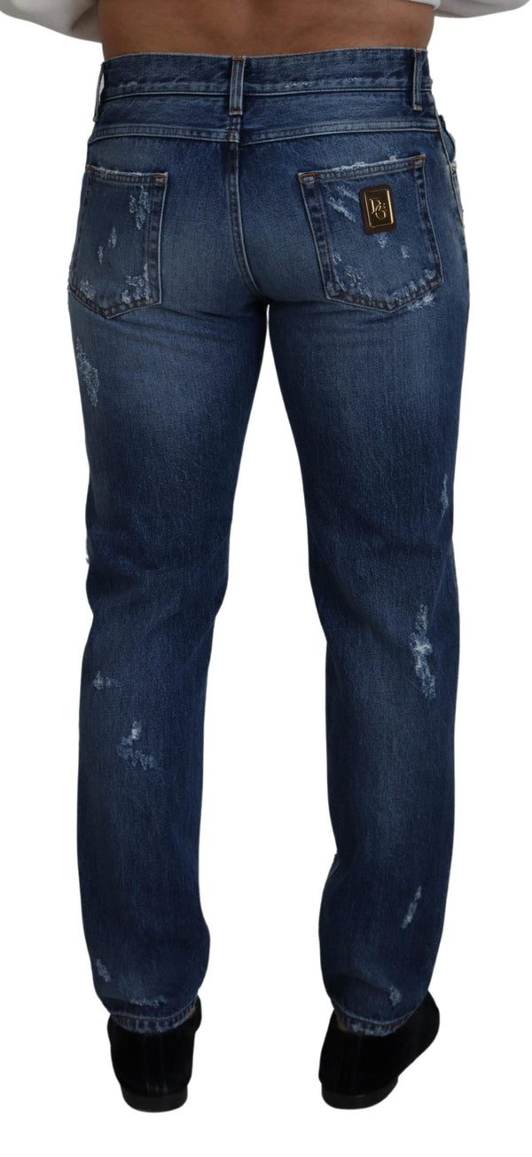 Dolce &amp; Gabbana Blue Cotton Tattered Miesten Denim Farkut