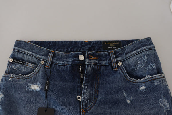 Dolce &amp; Gabbana Blue Cotton Tattered Miesten Denim Farkut