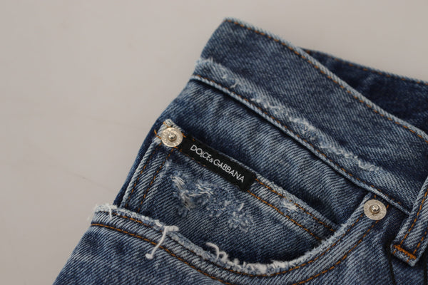 Dolce &amp; Gabbana Blue Cotton Tattered Miesten Denim Farkut