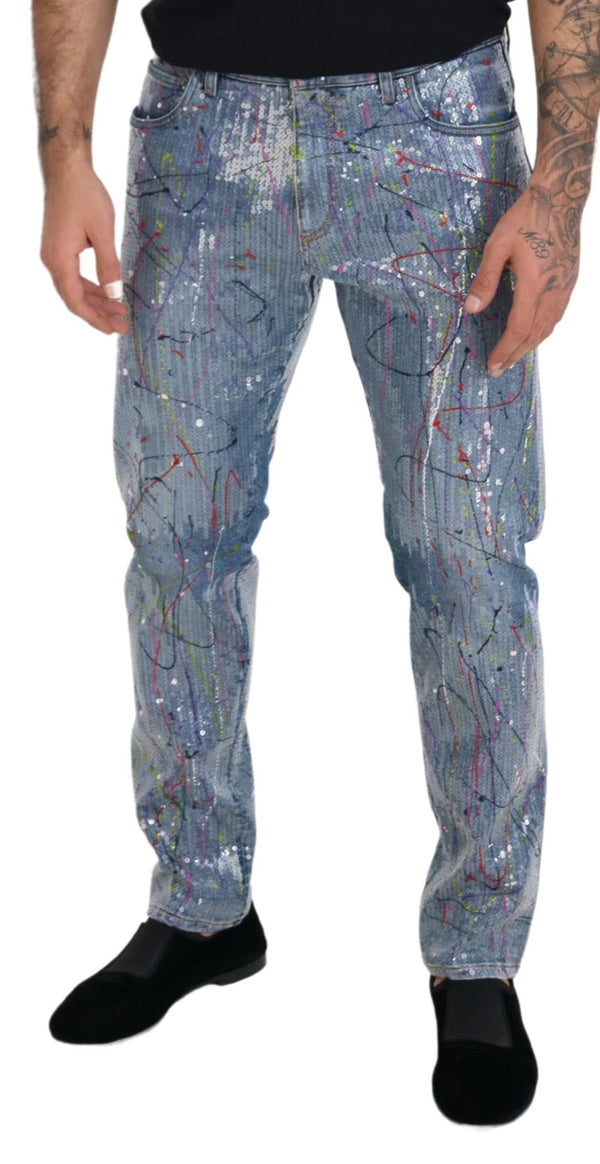 Dolce &amp; Gabbana Blue Cotton Color Splash Print Denim Farkut