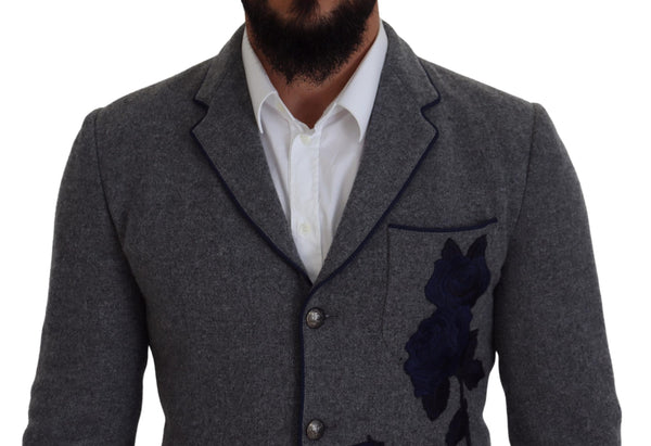 Dolce &amp; Gabbana Grey Wool Roses Slim Fit Jacket Blazer