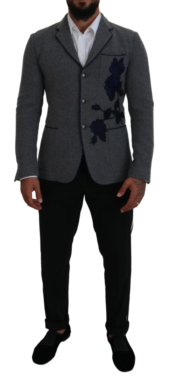 Dolce &amp; Gabbana Grey Wool Roses Slim Fit Jacket Blazer