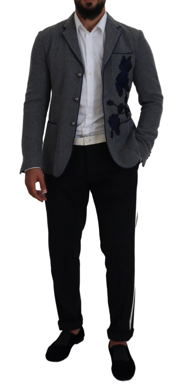 Dolce &amp; Gabbana Grey Wool Roses Slim Fit Jacket Blazer