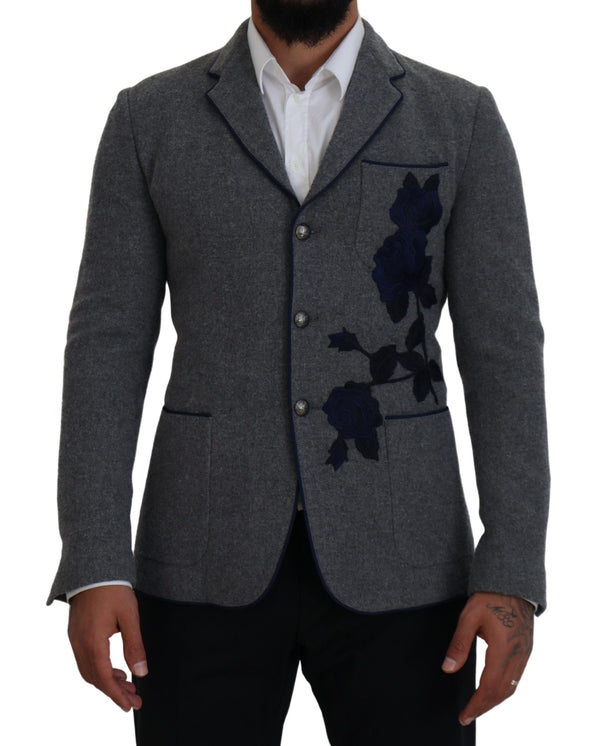 Dolce &amp; Gabbana Grey Wool Roses Slim Fit Jacket Blazer