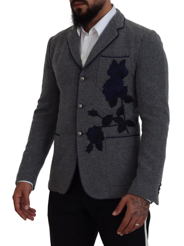 Dolce &amp; Gabbana Grey Wool Roses Slim Fit Jacket Blazer