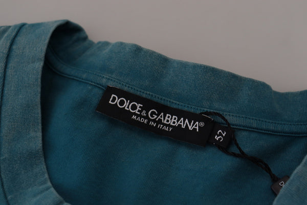 Dolce &amp; Gabbana Blue Logo Print Crewneck Cotton T-paita