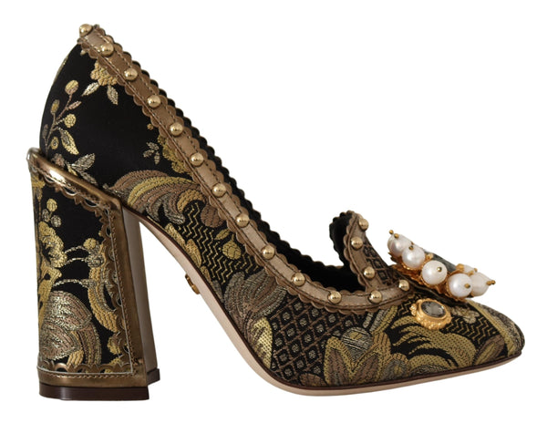 Dolce &amp; Gabbana Gold Crystal Square Toe Brocade Pumps -kengät