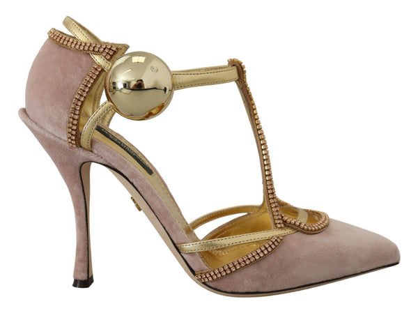 Dolce &amp; Gabbana Pink Crystal T-strap Heels Pumps Shoes