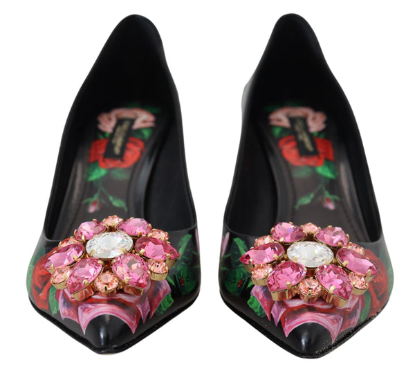 Dolce &amp; Gabbana Black Floral Print Crystal Heels Pumps Shoes