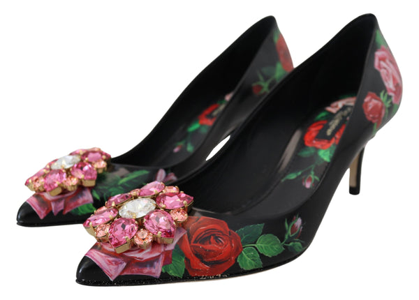 Dolce &amp; Gabbana Black Floral Print Crystal Heels Pumps Shoes