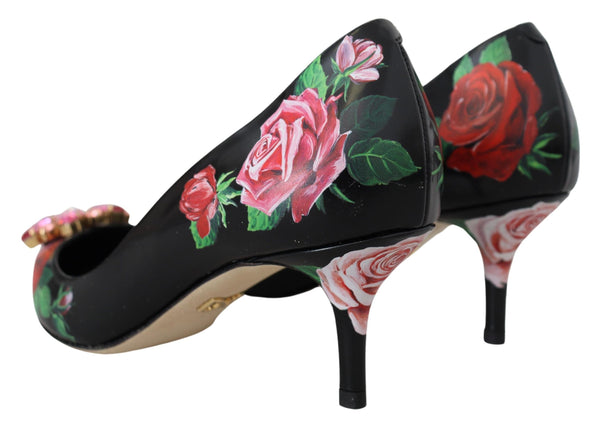 Dolce &amp; Gabbana Black Floral Print Crystal Heels Pumps Shoes