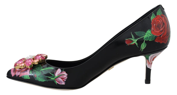 Dolce &amp; Gabbana Black Floral Print Crystal Heels Pumps Shoes