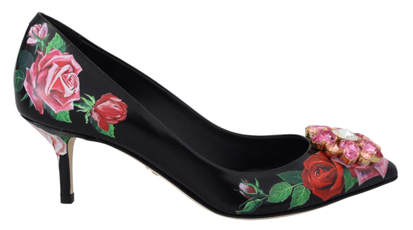 Dolce &amp; Gabbana Black Floral Print Crystal Heels Pumps Shoes