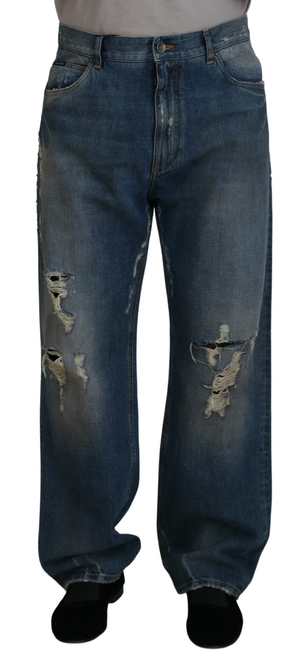 Dolce &amp; Gabbana Blue Cotton Tattered Straight Fit Denim Farkut