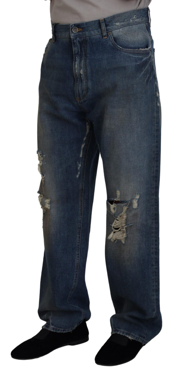 Dolce &amp; Gabbana Blue Cotton Tattered Straight Fit Denim Farkut