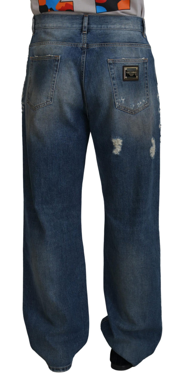 Dolce &amp; Gabbana Blue Cotton Tattered Straight Fit Denim Farkut