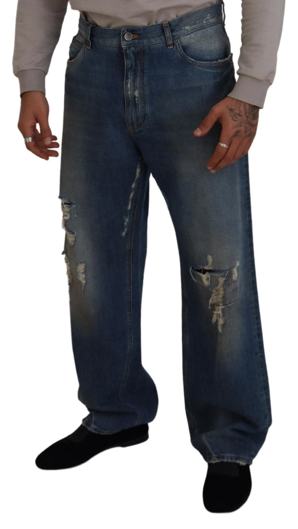 Dolce &amp; Gabbana Blue Cotton Tattered Straight Fit Denim Farkut