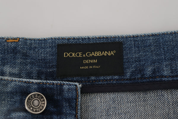 Dolce &amp; Gabbana Blue Cotton Tattered Straight Fit Denim Farkut