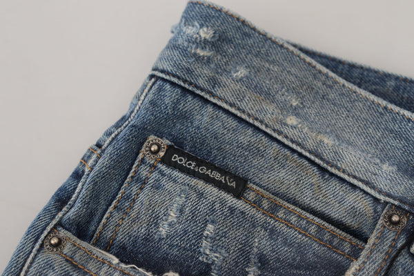 Dolce &amp; Gabbana Blue Cotton Tattered Straight Fit Denim Farkut