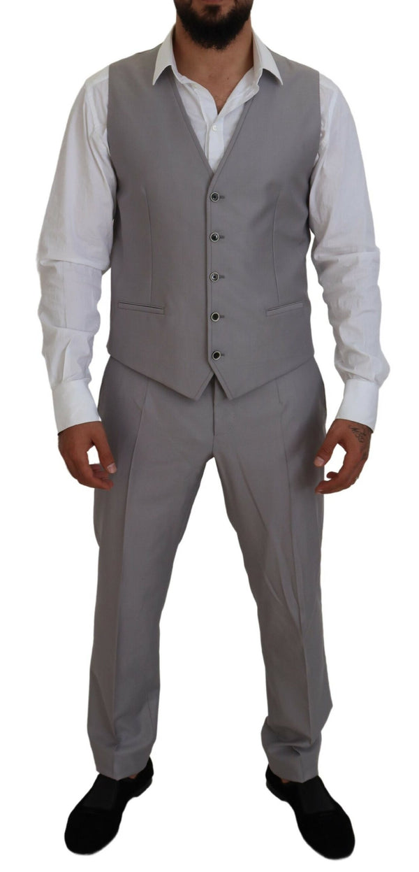 Dolce &amp; Gabbana Silver Wool Silk 3-osainen Slim Fit -puku