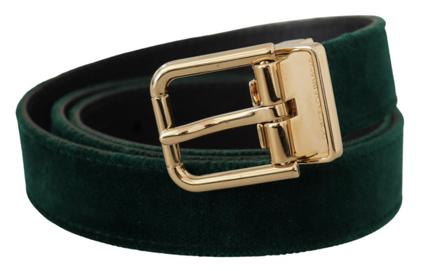 Dolce &amp; Gabbana Green Velvet Leather Gold Metal Logo Belt