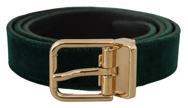 Dolce &amp; Gabbana Green Velvet Leather Gold Metal Logo Belt