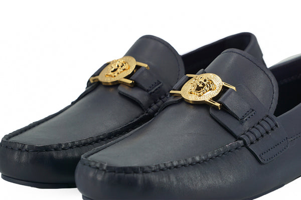 Versace Navy Blue Calf Leather Loafers -kengät