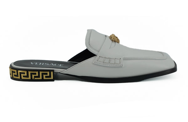 Versace White Calf Leather Slides Litteät kengät