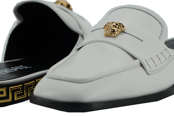 Versace White Calf Leather Slides Litteät kengät