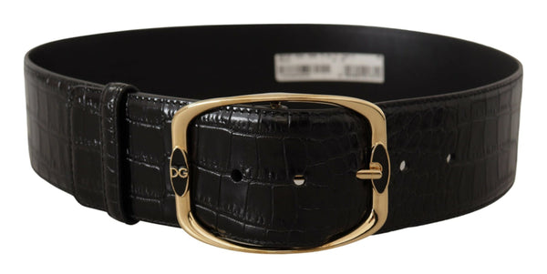 Dolce &amp; Gabbana Black Crocodile Print Gold Metal DG Logo -solkivyö