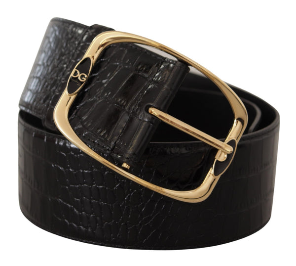 Dolce &amp; Gabbana Black Crocodile Print Gold Metal DG Logo -solkivyö