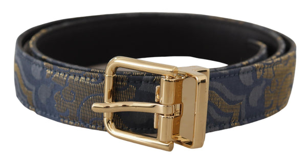 Dolce &amp; Gabbana Navy Blue Jacquard Gold Tone Logo Metal Solkivyö