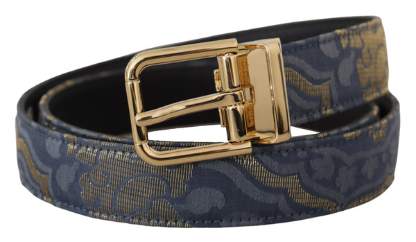 Dolce &amp; Gabbana Navy Blue Jacquard Gold Tone Logo Metal Solkivyö