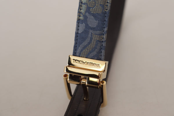 Dolce &amp; Gabbana Navy Blue Jacquard Gold Tone Logo Metal Solkivyö