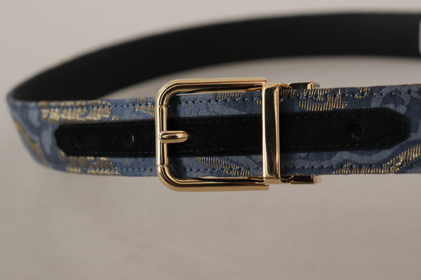 Dolce &amp; Gabbana Navy Blue Jacquard Gold Tone Logo Metal Solkivyö