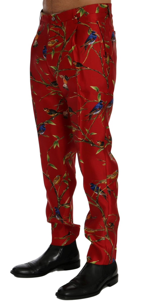 Dolce &amp; Gabbana Red Silk Bird Print -mekkohousut