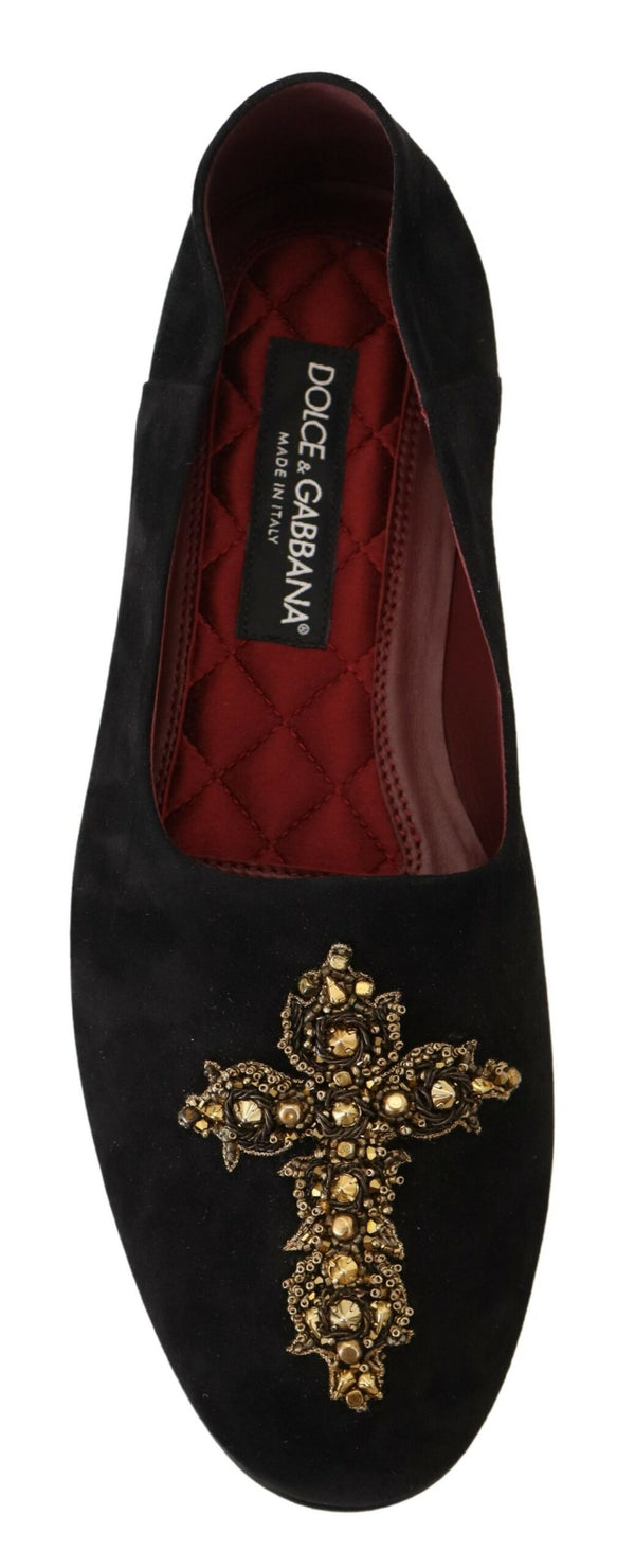 Dolce &amp; Gabbana Black Suede Gold Cross Slip On Loafers -kengät