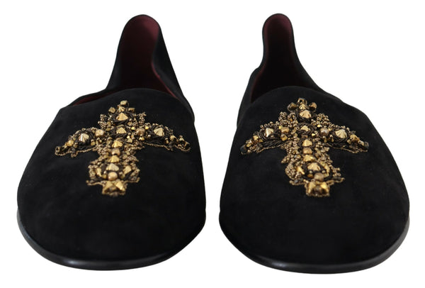 Dolce &amp; Gabbana Black Suede Gold Cross Slip On Loafers -kengät