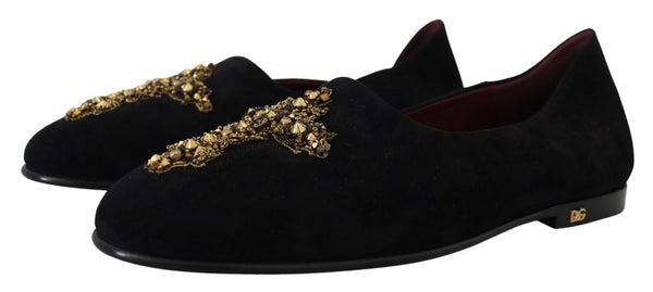 Dolce &amp; Gabbana Black Suede Gold Cross Slip On Loafers -kengät