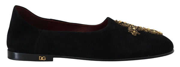 Dolce &amp; Gabbana Black Suede Gold Cross Slip On Loafers -kengät