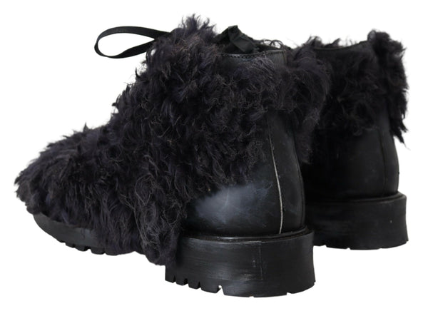 Dolce &amp; Gabbana Black Leather Combat Shearling Boots -kengät