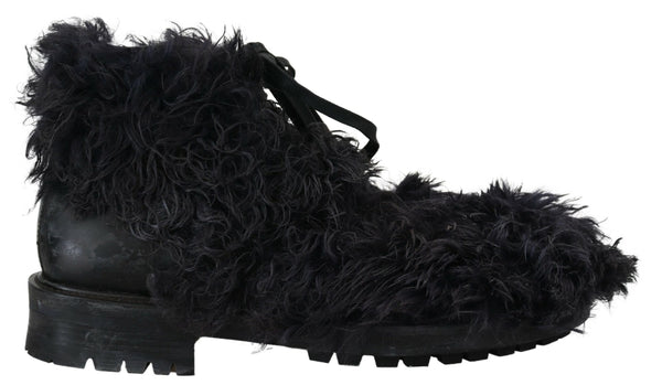 Dolce &amp; Gabbana Black Leather Combat Shearling Boots -kengät