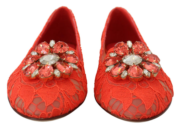 Dolce &amp; Gabbana Red Taormina Lace Crystals Ballet Flats -kengät