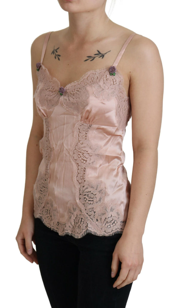 Dolce &amp; Gabbana Pink Satin Lace Roses Tank Top Alusvaatteet