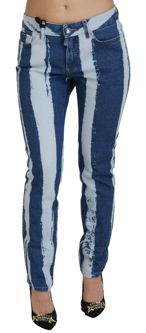 Dolce &amp; Gabbana Cobalt Blue Stripes Skinny Denim Cotton Farkut