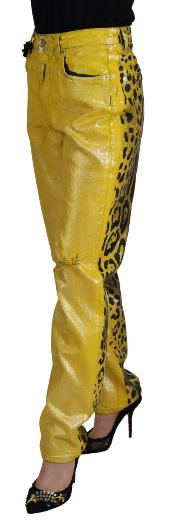 Dolce &amp; Gabbana Yellow Leopard Cotton Straight Denim Farkut