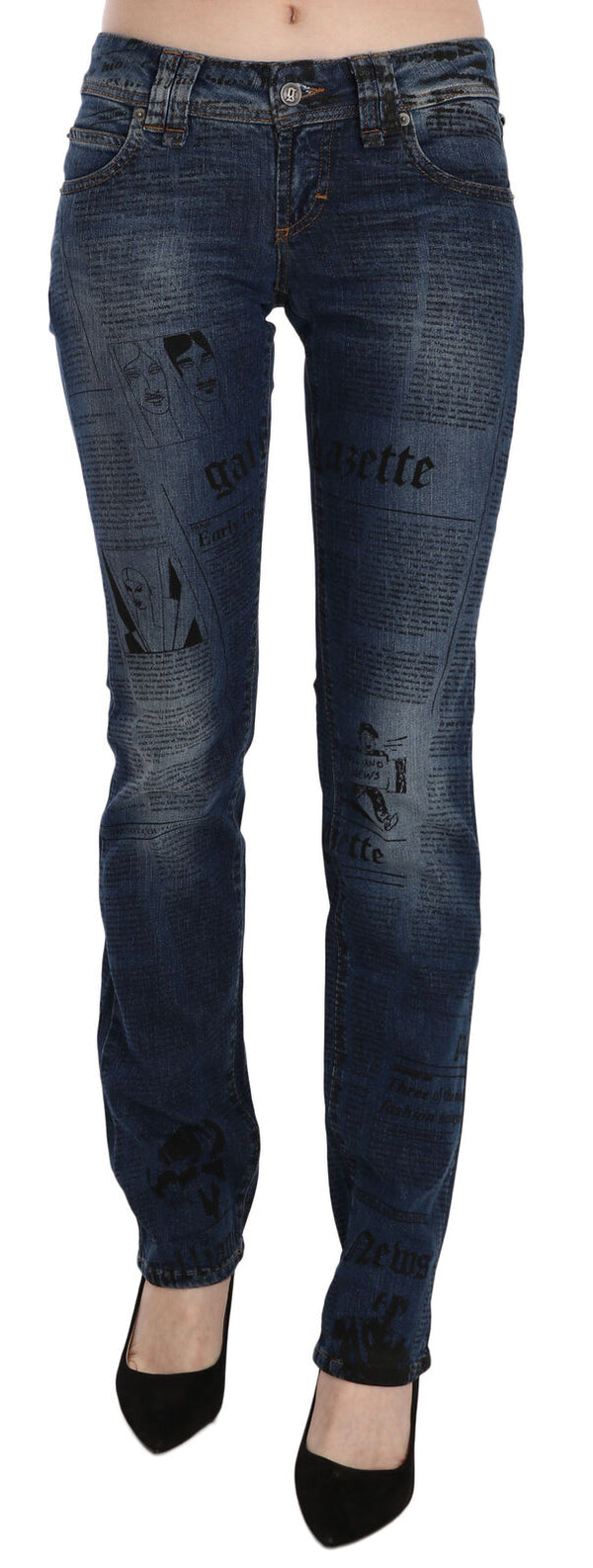 John Galliano sininen sanomalehtiprint Matala vyötärö Skinny Denim Pants