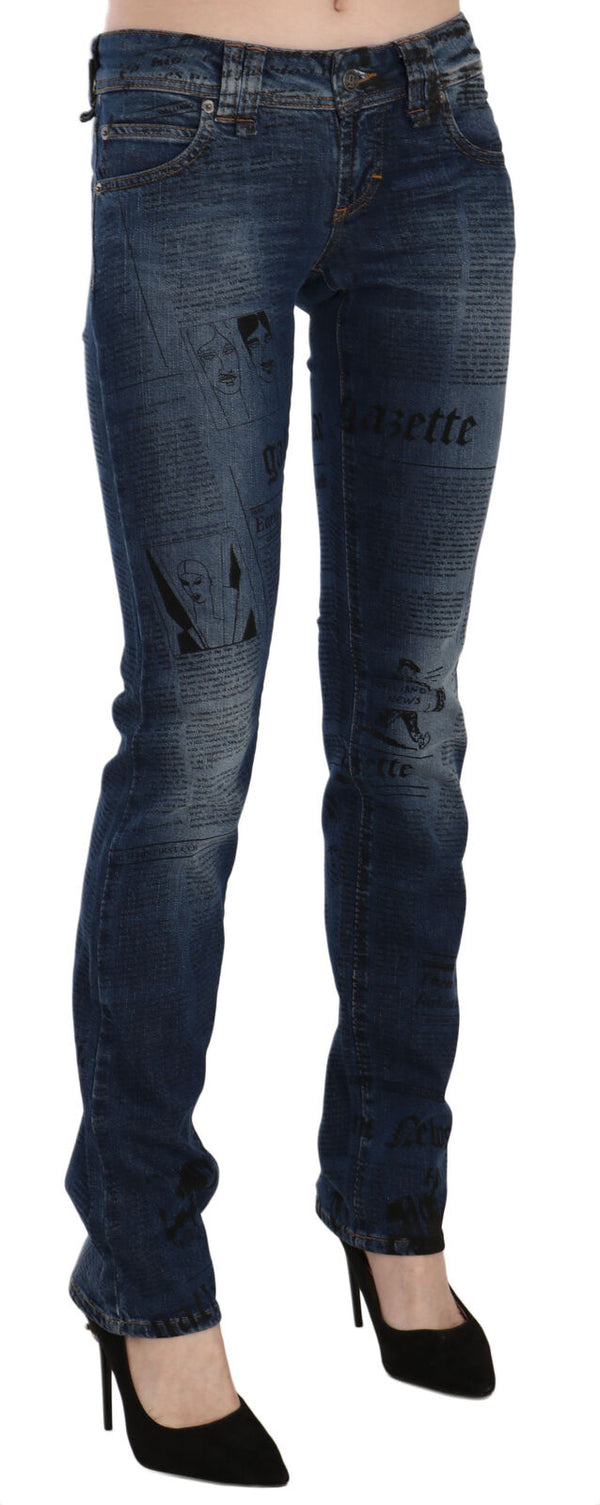 John Galliano sininen sanomalehtiprint Matala vyötärö Skinny Denim Pants