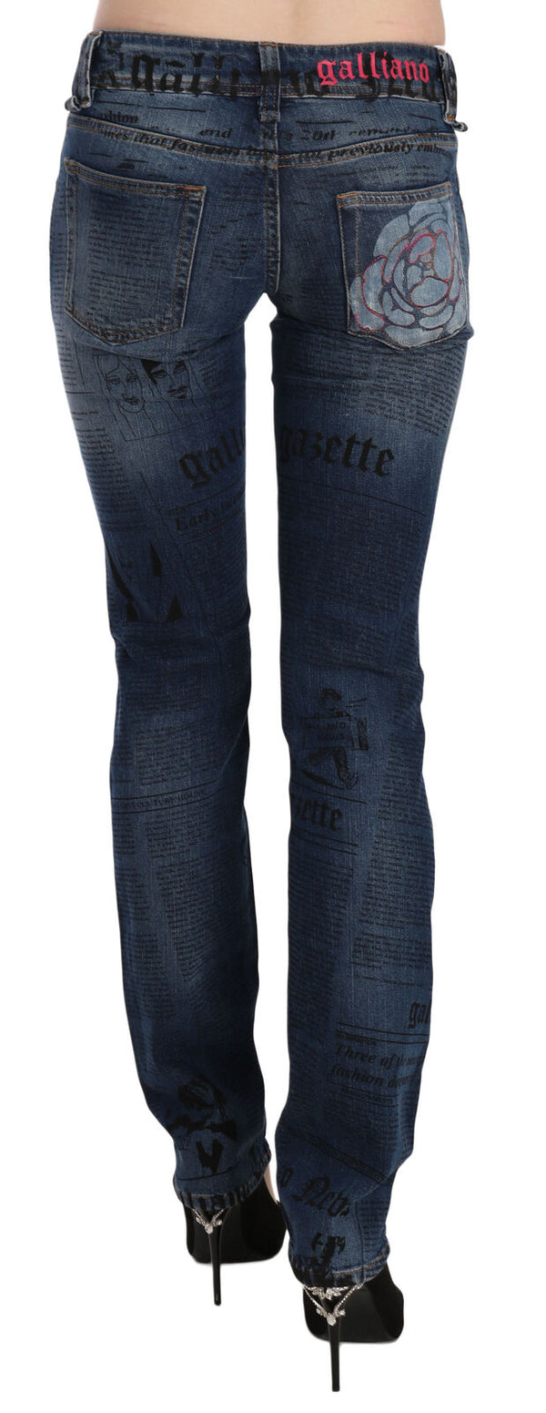 John Galliano sininen sanomalehtiprint Matala vyötärö Skinny Denim Pants